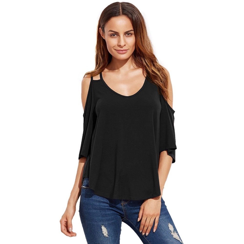 Strappy Cold Shoulder 3/4 Sleeve Drapey Blouse - Picture 5 of 6